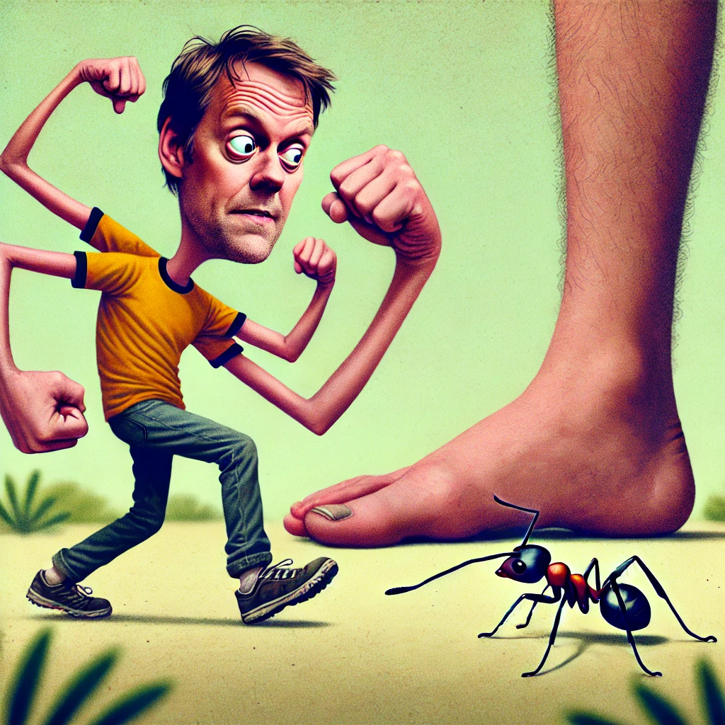 A man with three elbows and a very large toe stepping on an ant named Bob47